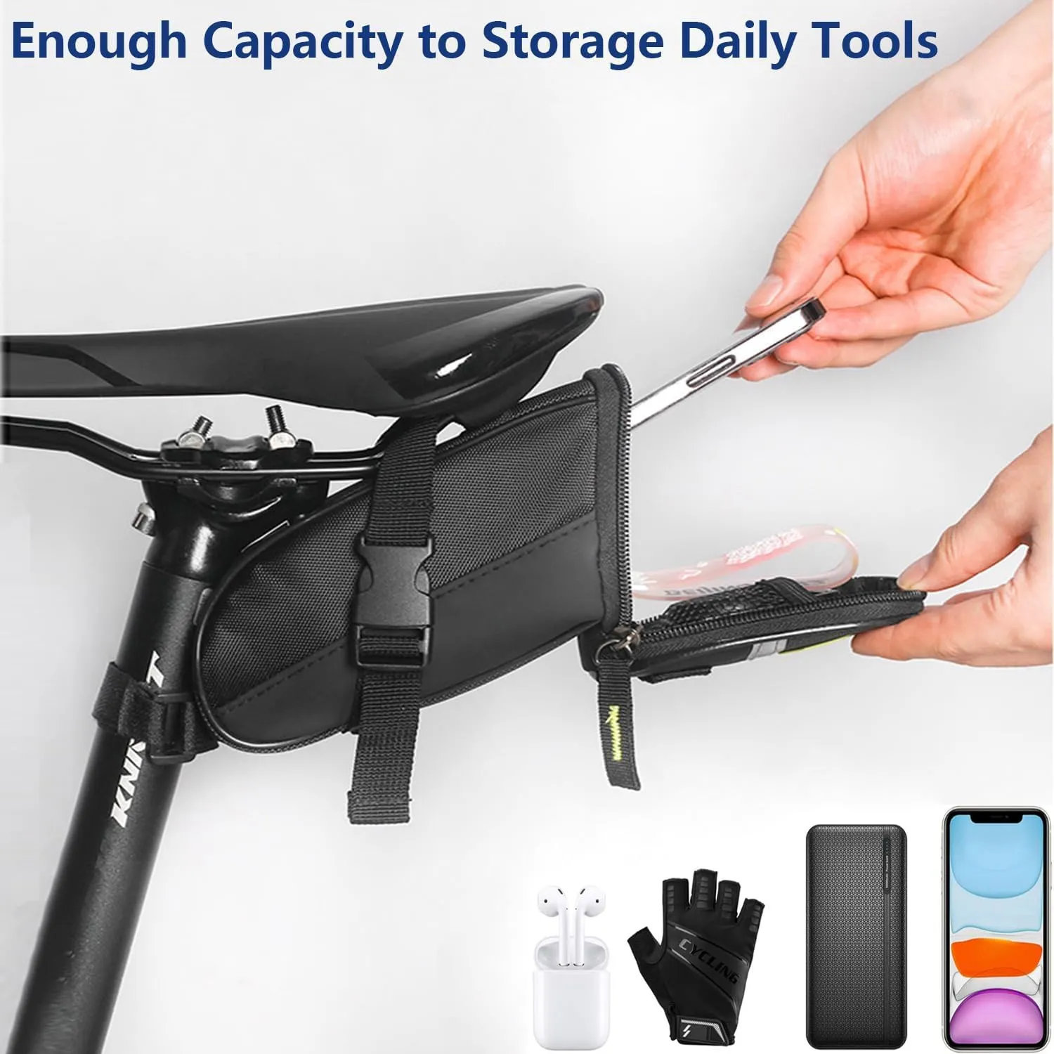 Bike Repair Tool Kit with Mini Bicycle Pump, Bicycle Saddle Bag with Tail Light, 16-in-1 Bike Multitool, Bicycle Tire Repair Kit for Road MTB E-Bikes, Large Capacity Bike Set Pack Bag