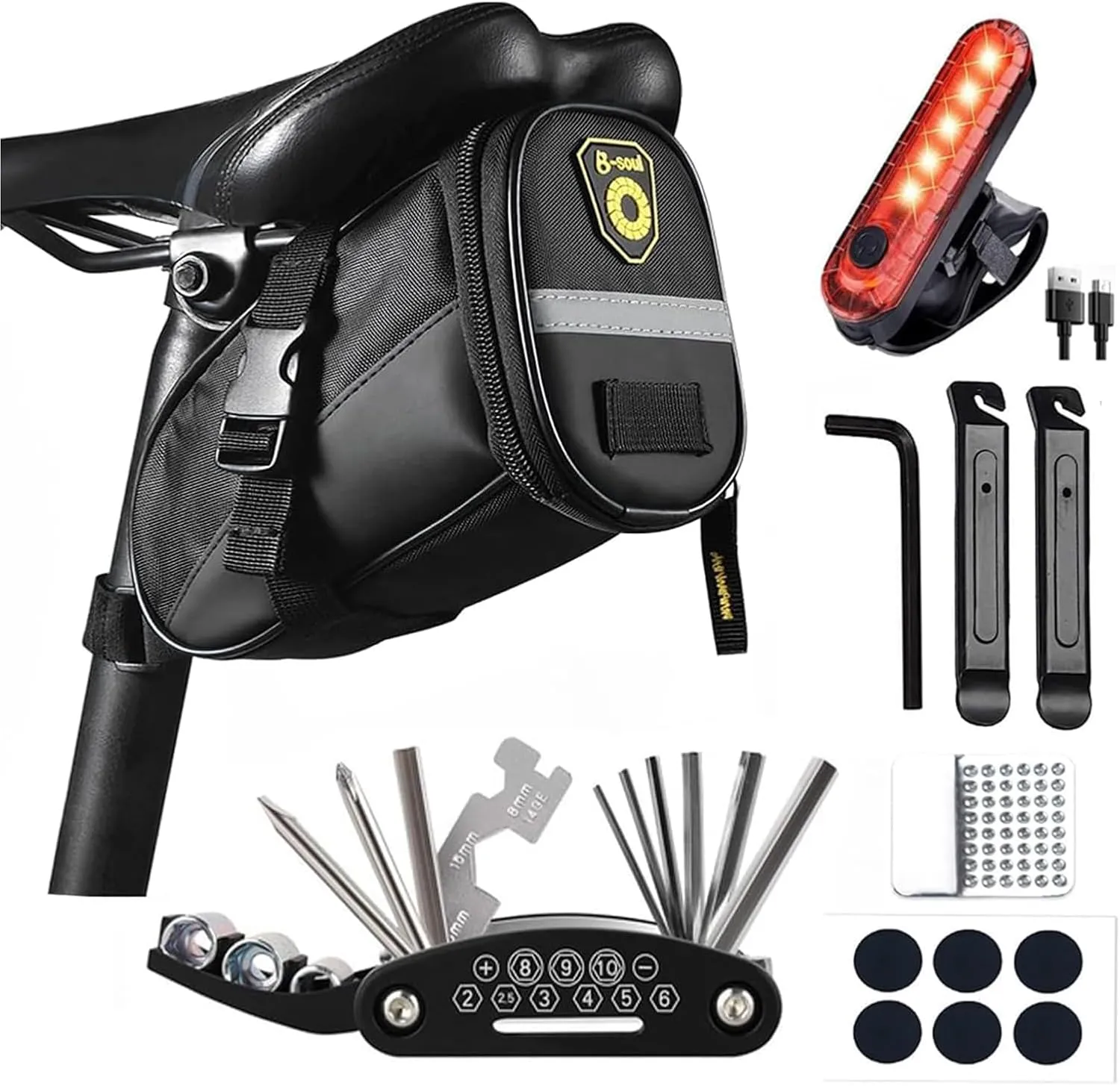 Bike Repair Tool Kit with Mini Bicycle Pump, Bicycle Saddle Bag with Tail Light, 16-in-1 Bike Multitool, Bicycle Tire Repair Kit for Road MTB E-Bikes, Large Capacity Bike Set Pack Bag