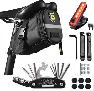 Bike Repair Tool Kit with Mini Bicycle Pump, Bicycle Saddle Bag with Tail Light, 16-in-1 Bike Multitool, Bicycle Tire Repair Kit for Road MTB E-Bikes, Large Capacity Bike Set Pack Bag