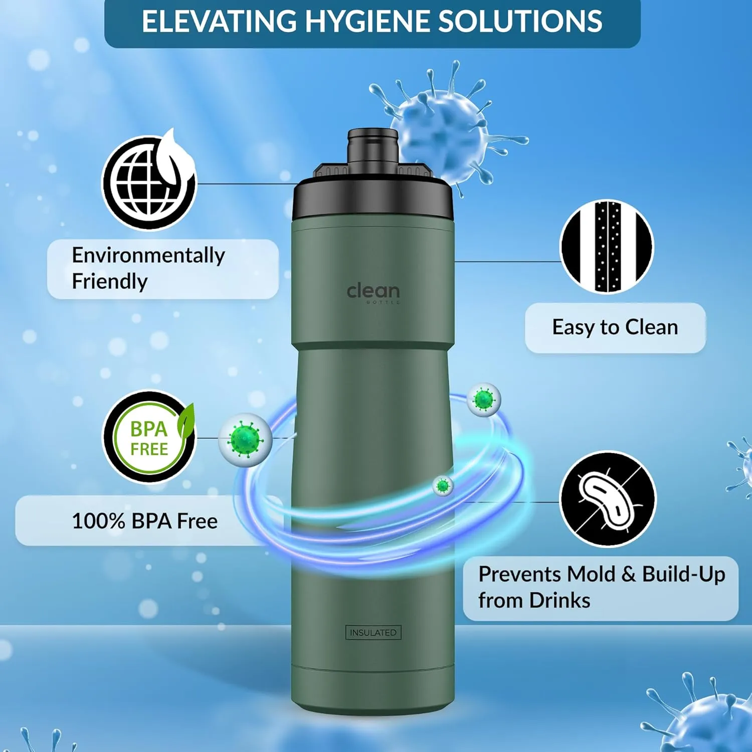 Bike Water Bottles | Insulated Bike Water Bottle | Easy Clean Nozzle, Easy Squeeze | Cycling Mountain Fitness Water Bottle | Gym Sport Bottle (Green)
