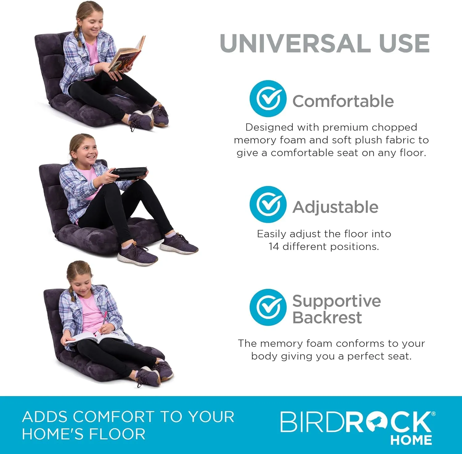 BIRDROCK HOME Adjustable Memory Foam Floor Chair - Ideal for Gaming, Reading, Meditation - Comfortable and Versatile - Suitable for Kids and Teenagers - Comfy Foldable Floor Seat - Eggplant