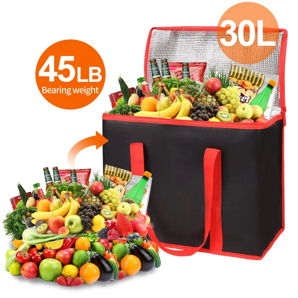 Bodaon Insulated Food Delivery Bag, X-Large Insulated Reusable Grocery Bags with Zippered Top, Cooler Bags for Travel/Camping, Catering Shopping Bag for Groceries, Thermal Bags for Cold and Hot Food