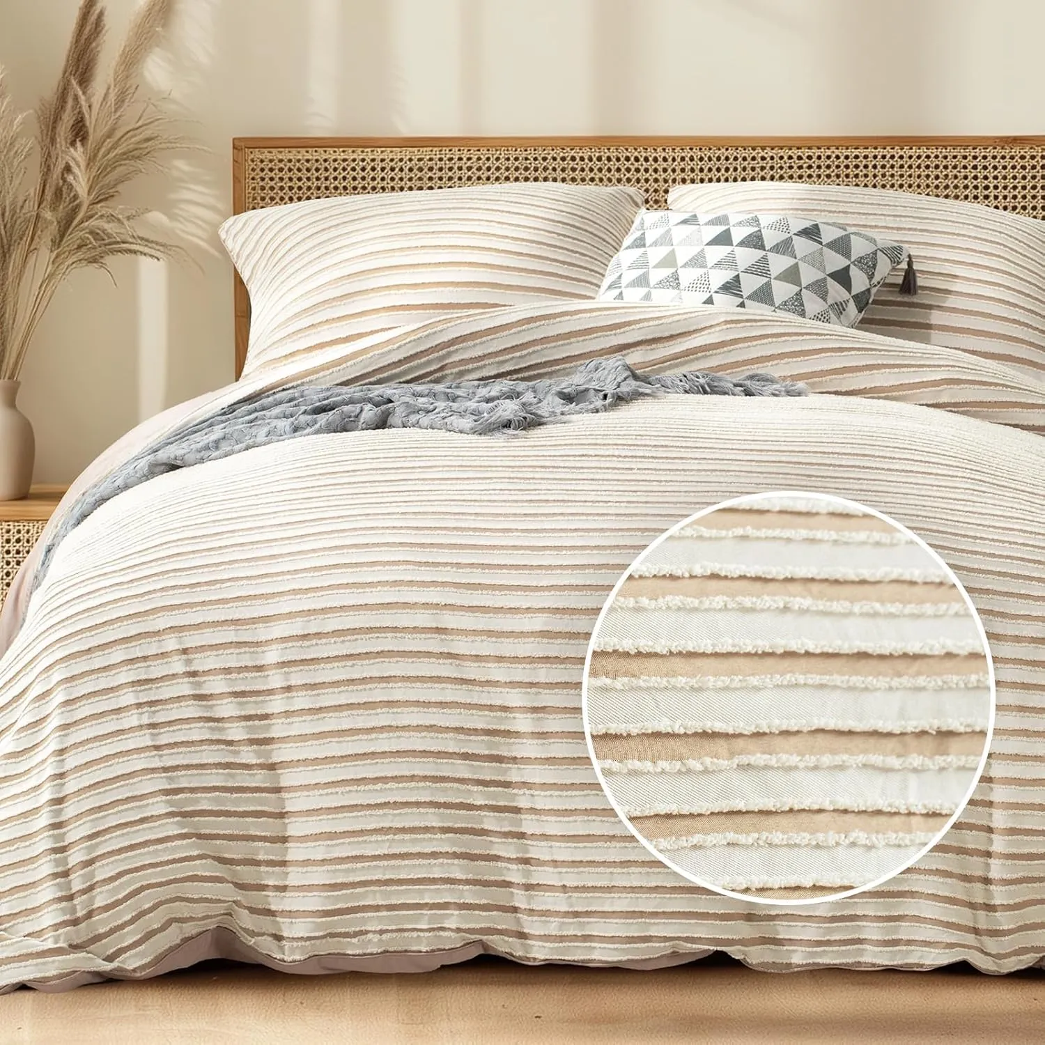 Boho Tufted Twin Duvet Cover Set, Soft Striped Textured Duvet Cover for All Season, 2 Pieces Bedding Set with 1 Pillow Shams, 8 Corner Ties, 7 Buttons (Sand, Twin, 68"x90")