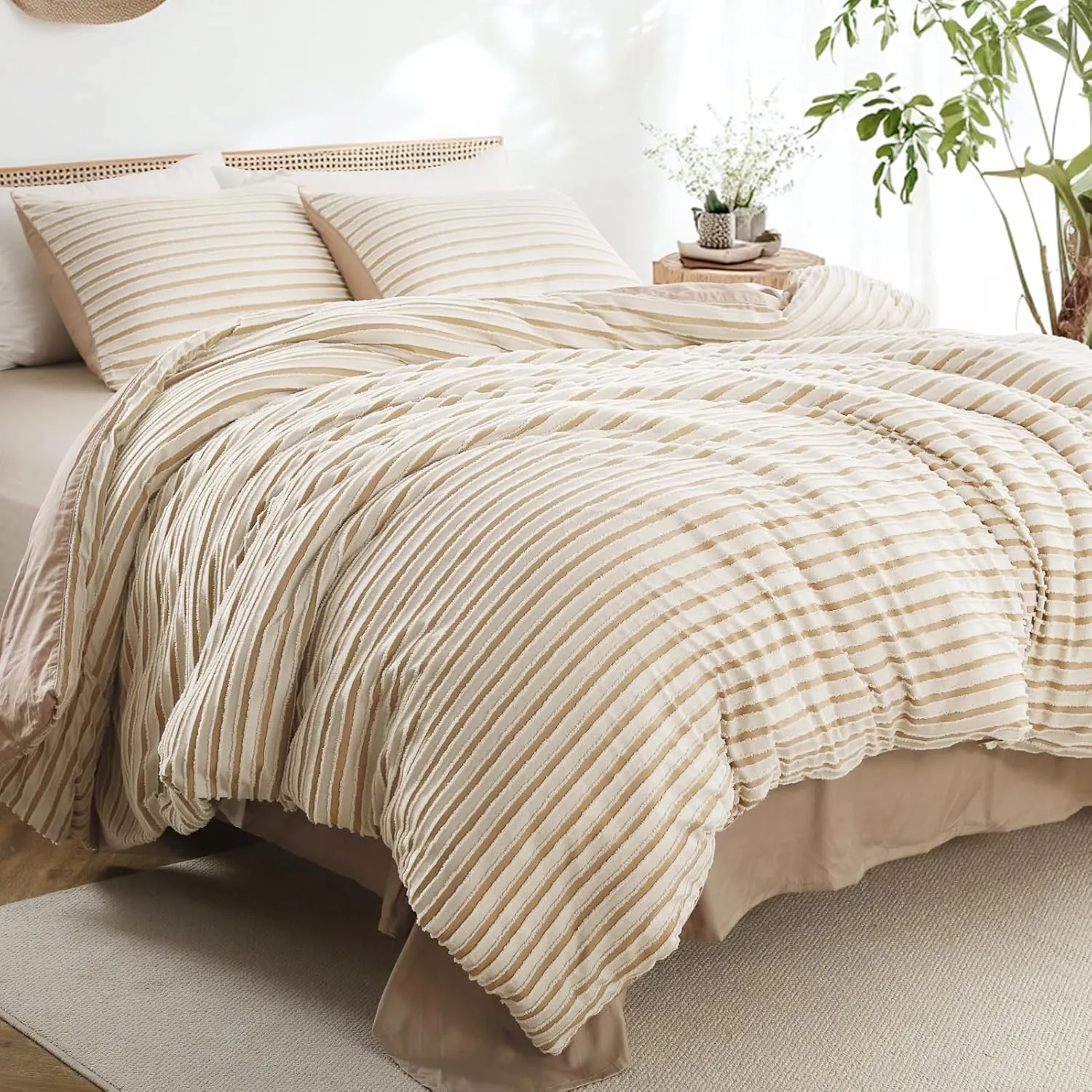 Boho Tufted Twin Duvet Cover Set, Soft Striped Textured Duvet Cover for All Season, 2 Pieces Bedding Set with 1 Pillow Shams, 8 Corner Ties, 7 Buttons (Sand, Twin, 68"x90")