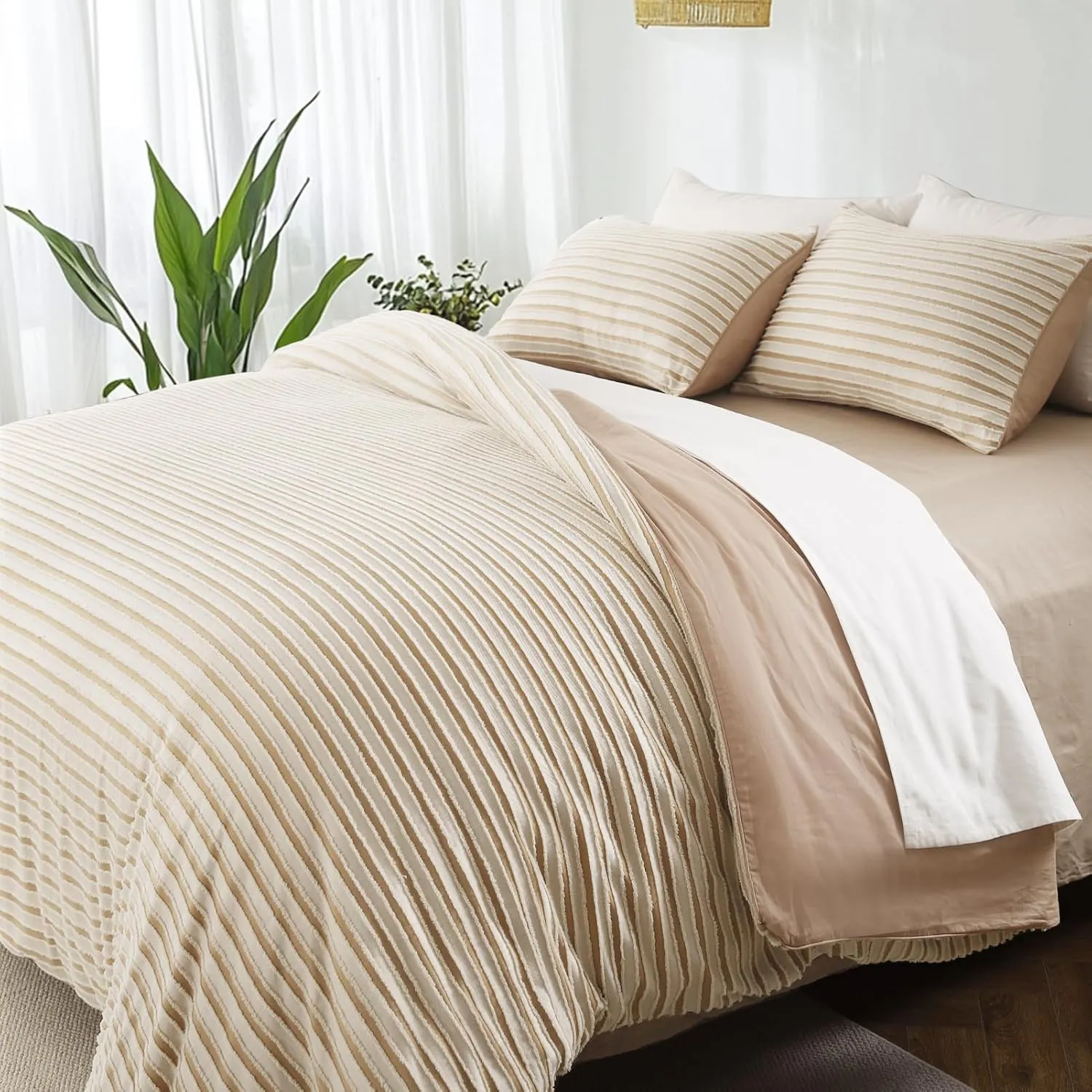 Boho Tufted Twin Duvet Cover Set, Soft Striped Textured Duvet Cover for All Season, 2 Pieces Bedding Set with 1 Pillow Shams, 8 Corner Ties, 7 Buttons (Sand, Twin, 68"x90")
