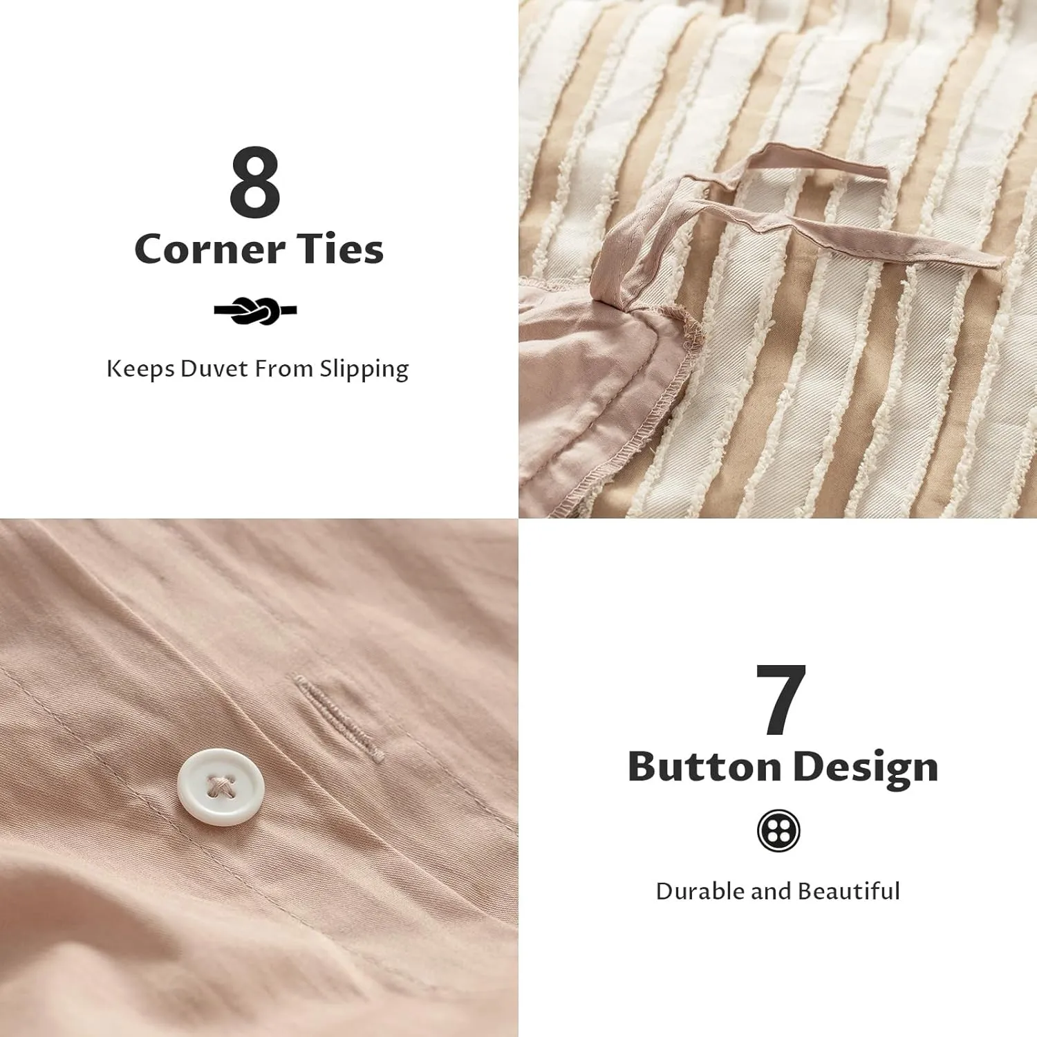 Boho Tufted Twin Duvet Cover Set, Soft Striped Textured Duvet Cover for All Season, 2 Pieces Bedding Set with 1 Pillow Shams, 8 Corner Ties, 7 Buttons (Sand, Twin, 68"x90")