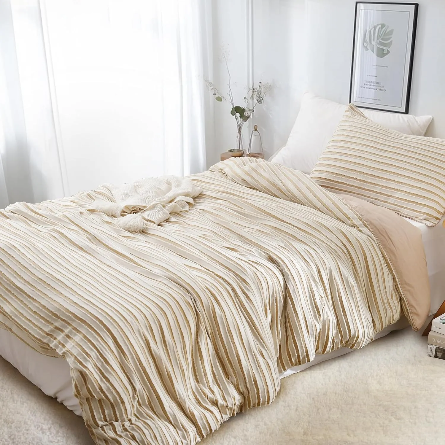 Boho Tufted Twin Duvet Cover Set, Soft Striped Textured Duvet Cover for All Season, 2 Pieces Bedding Set with 1 Pillow Shams, 8 Corner Ties, 7 Buttons (Sand, Twin, 68"x90")
