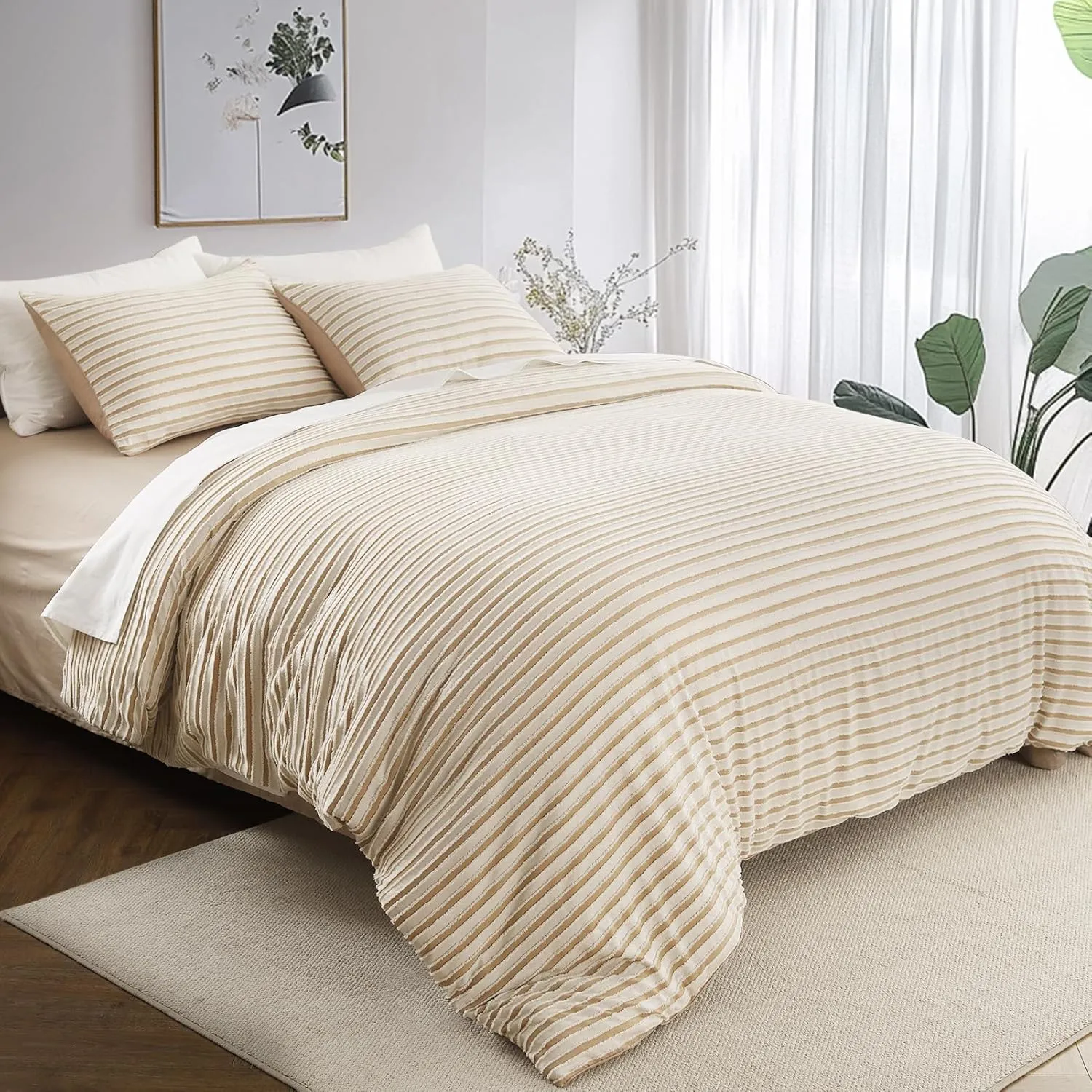 Boho Tufted Twin Duvet Cover Set, Soft Striped Textured Duvet Cover for All Season, 2 Pieces Bedding Set with 1 Pillow Shams, 8 Corner Ties, 7 Buttons (Sand, Twin, 68"x90")