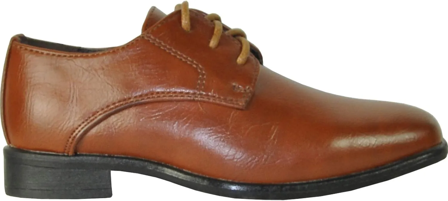 bravo! Boy Dress Shoe King Lace-up Oxford Plain Toe or Cap Toe Leather Sock for School Uniform Formal Event Size from Toddler to Youth Black Brown Cognac