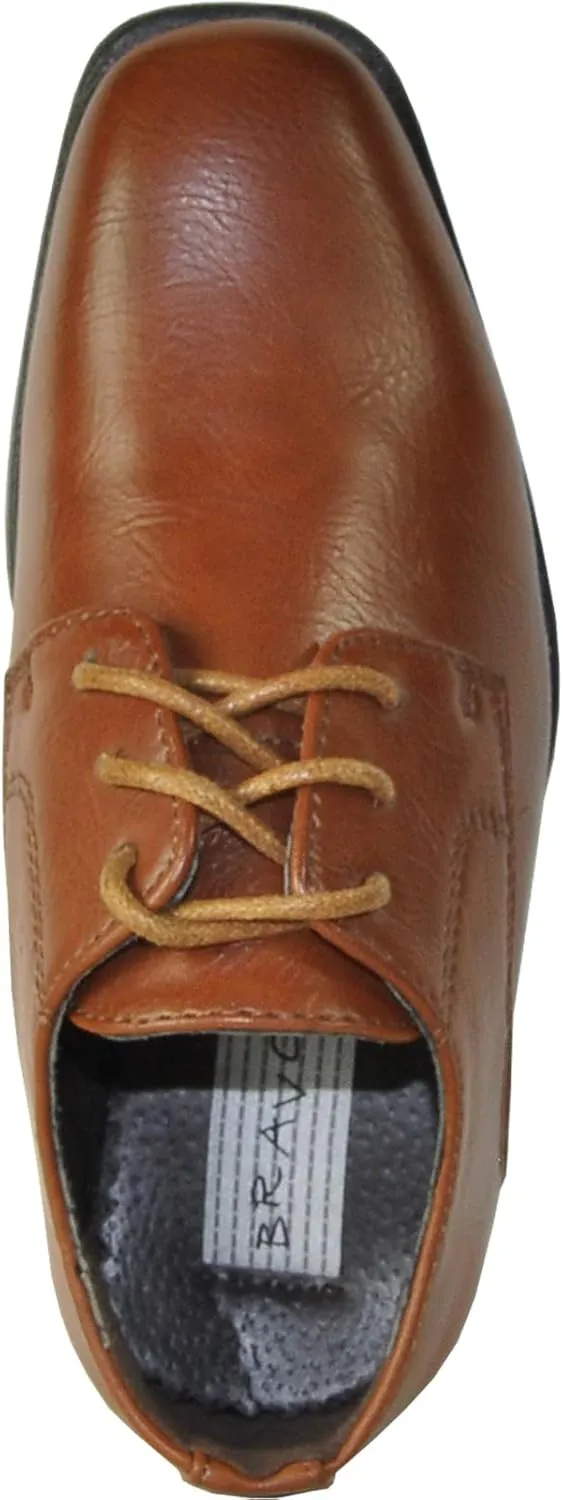 bravo! Boy Dress Shoe King Lace-up Oxford Plain Toe or Cap Toe Leather Sock for School Uniform Formal Event Size from Toddler to Youth Black Brown Cognac