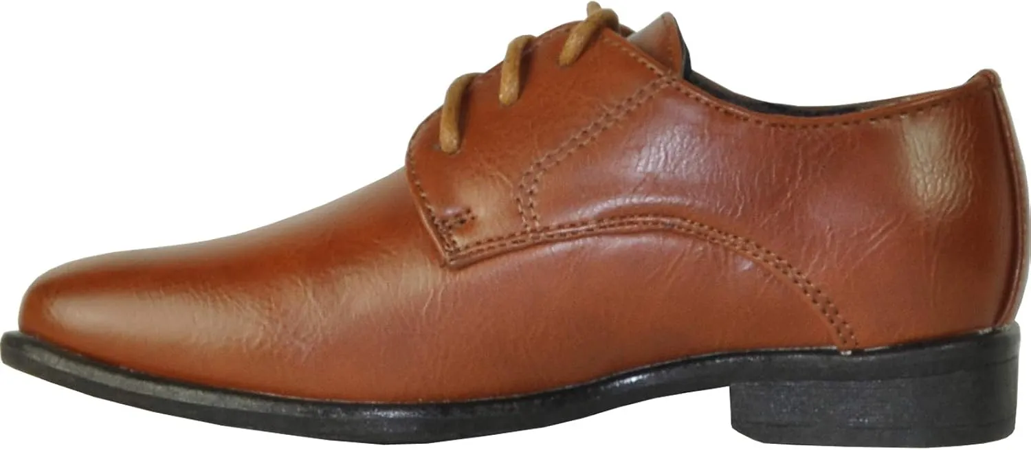 bravo! Boy Dress Shoe King Lace-up Oxford Plain Toe or Cap Toe Leather Sock for School Uniform Formal Event Size from Toddler to Youth Black Brown Cognac