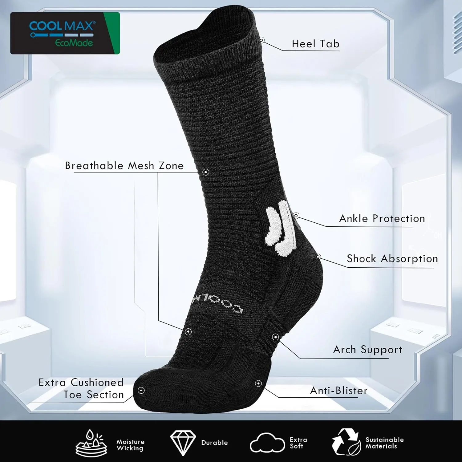 BRISIRA Coolmax Bamboo Viscose Compression Running Socks 3 Pairs Crew Moisture Wicking Anti Blister Athletic Hiking Work Sock