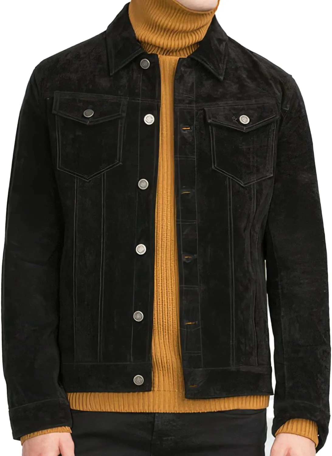 Burning Rock Men’s Black Genuine Suede Classic Shirt Collar Third Generation Cowboy Native American Vintage Leather Jacket