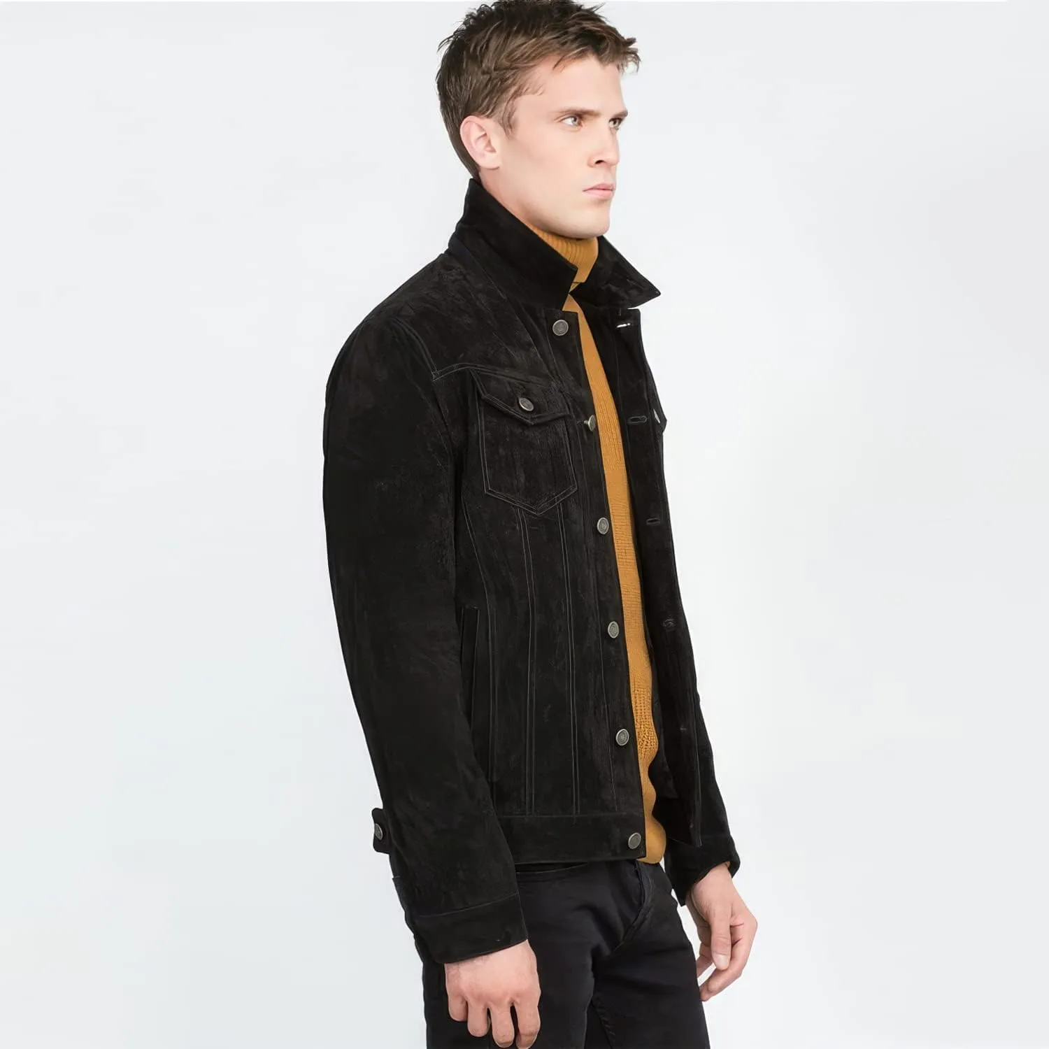 Burning Rock Men’s Black Genuine Suede Classic Shirt Collar Third Generation Cowboy Native American Vintage Leather Jacket