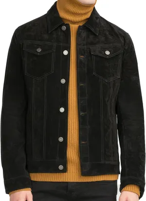 Burning Rock Men’s Black Genuine Suede Classic Shirt Collar Third Generation Cowboy Native American Vintage Leather Jacket