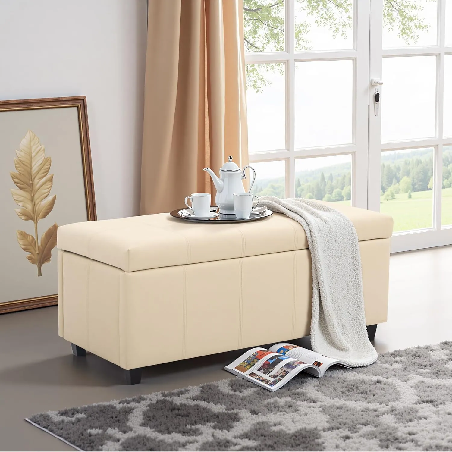 CangLong 36Inch Damara Lift-Top Storage Ottoman Bench with Faux-Leather Upholstery, Upholstered Foam Padded Rectangular Footstool, Easy Assemble Furniture ,Cream