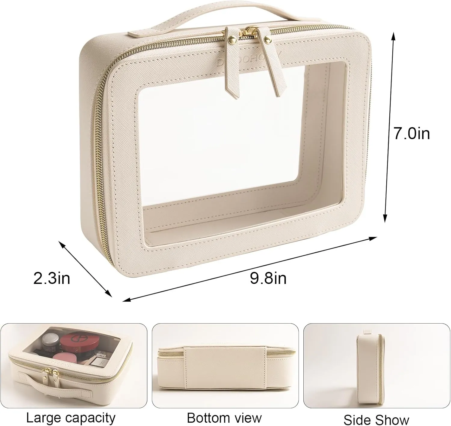 Clear Makeup Bag, TSA Approved Travel Cosmetic Case with Double Zipper, Square PU Leather Toiletry Organizer Pouch, Waterproof, Easy to Clean, for Car and traveling Use