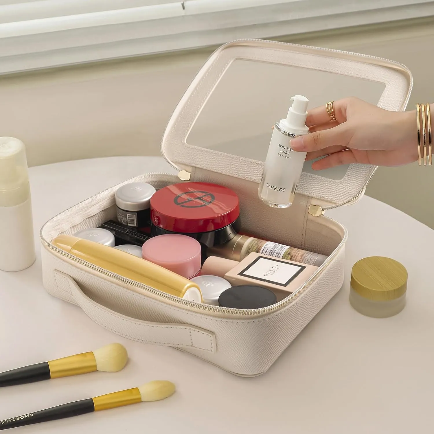 Clear Makeup Bag, TSA Approved Travel Cosmetic Case with Double Zipper, Square PU Leather Toiletry Organizer Pouch, Waterproof, Easy to Clean, for Car and traveling Use