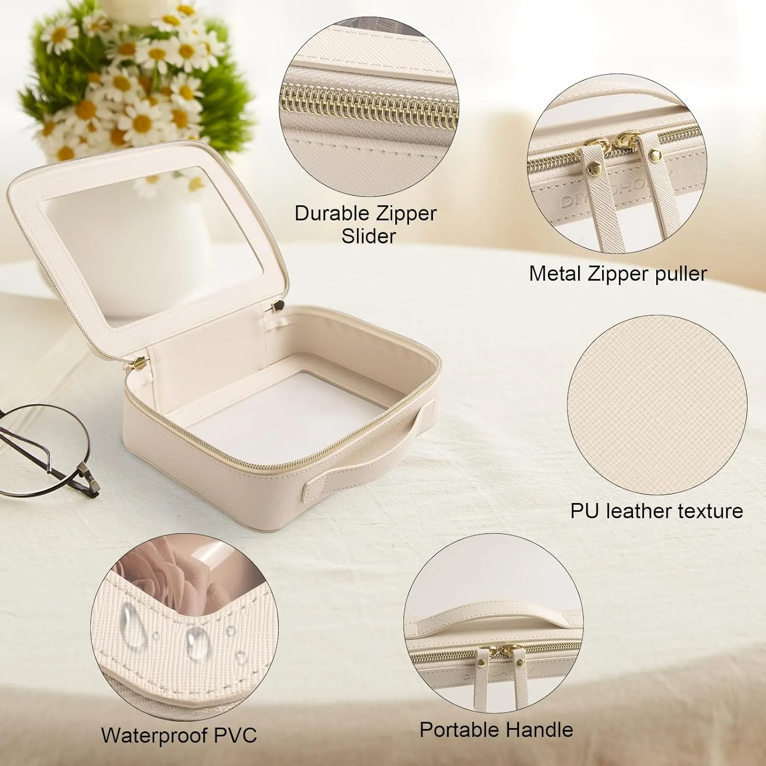 Clear Makeup Bag, TSA Approved Travel Cosmetic Case with Double Zipper, Square PU Leather Toiletry Organizer Pouch, Waterproof, Easy to Clean, for Car and traveling Use