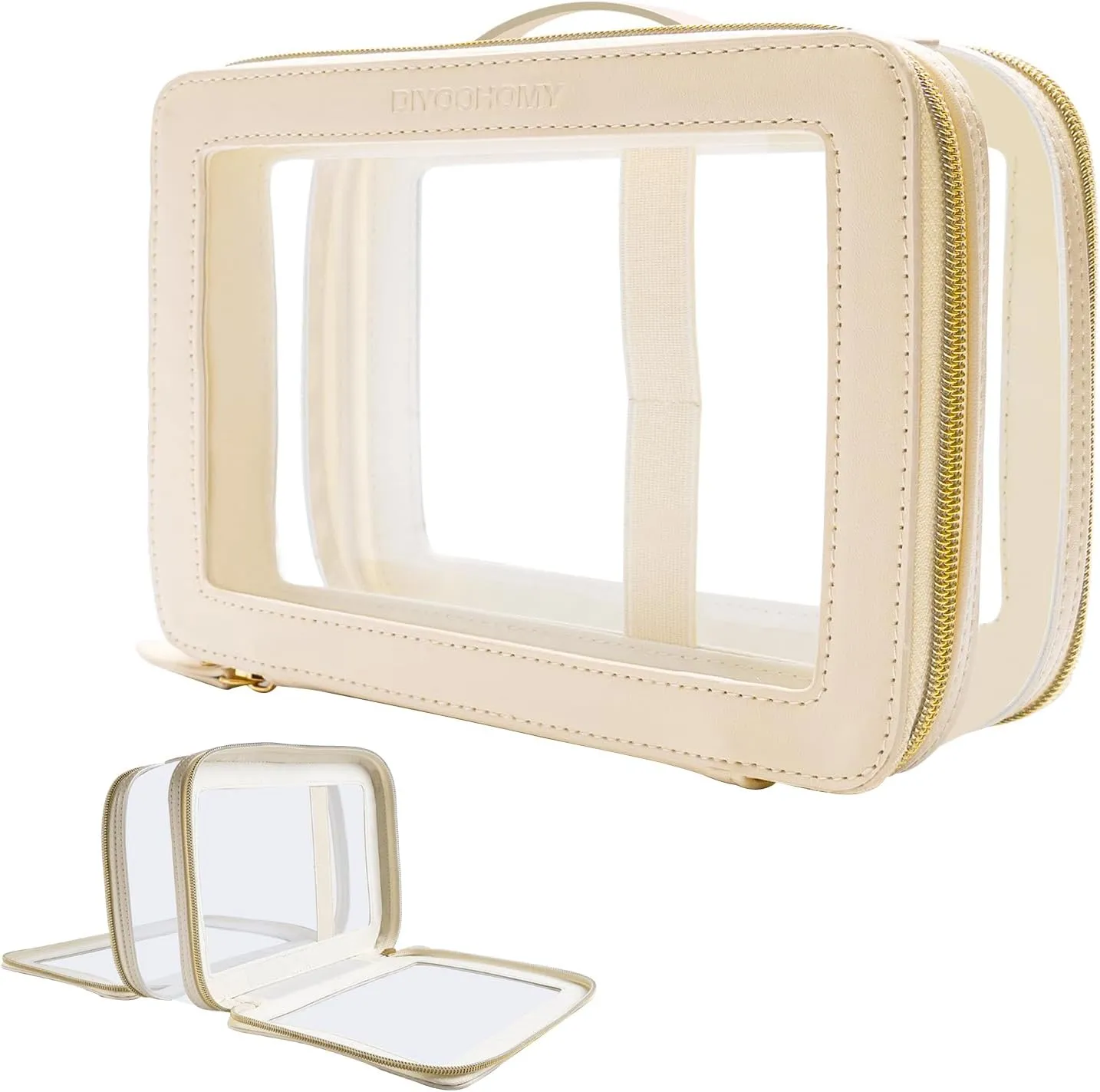 Clear Makeup Bag, TSA Approved Travel Cosmetic Case with Double Zipper, Square PU Leather Toiletry Organizer Pouch, Waterproof, Easy to Clean, for Car and traveling Use