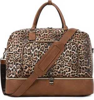 CLUCI Travel Duffel Bag for Women Leather Oversized Weekender Overnight Bags with Shoe Compartment Leopard Pattern with Brown