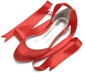 COMFASH Ballet Flats Satin Comfortable Closed Toe Ribbon Tie Women Bride Wedding Shoes