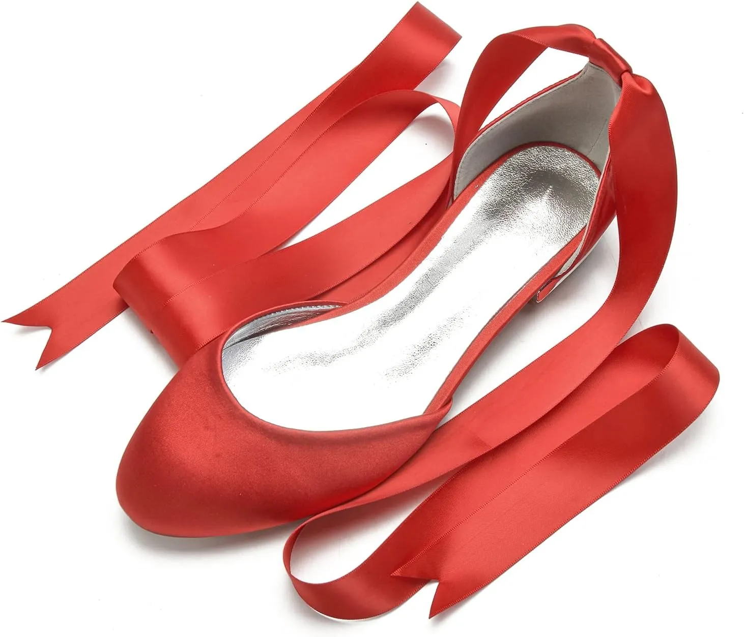 COMFASH Ballet Flats Satin Comfortable Closed Toe Ribbon Tie Women Bride Wedding Shoes