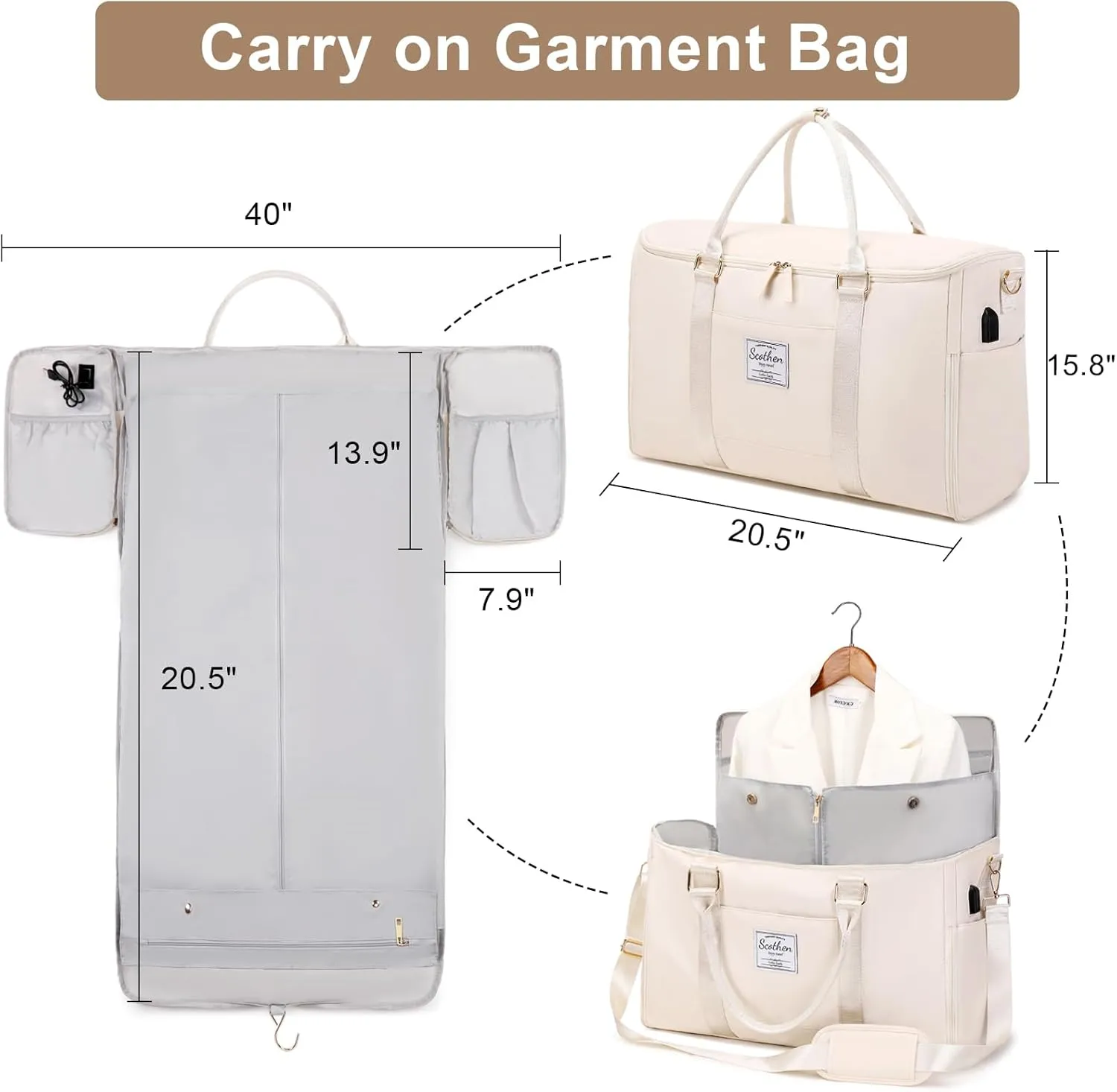 Convertible Travel Garment Bag,Carry On Garment Duffle Bag with Toiletry and Shoe bag,Garment Bags for Travel,2 in 1 Hanging Dress Suitcase Suit Travel Bags for Women with USB Charging Port