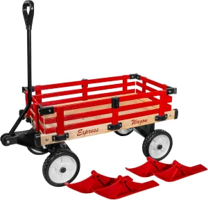 Convertible Wood Wagon Cart with 4 Flat-Free Tires and Sleigh Runners for Outdoor Hauling Through Snow, Red, 16" x 34"