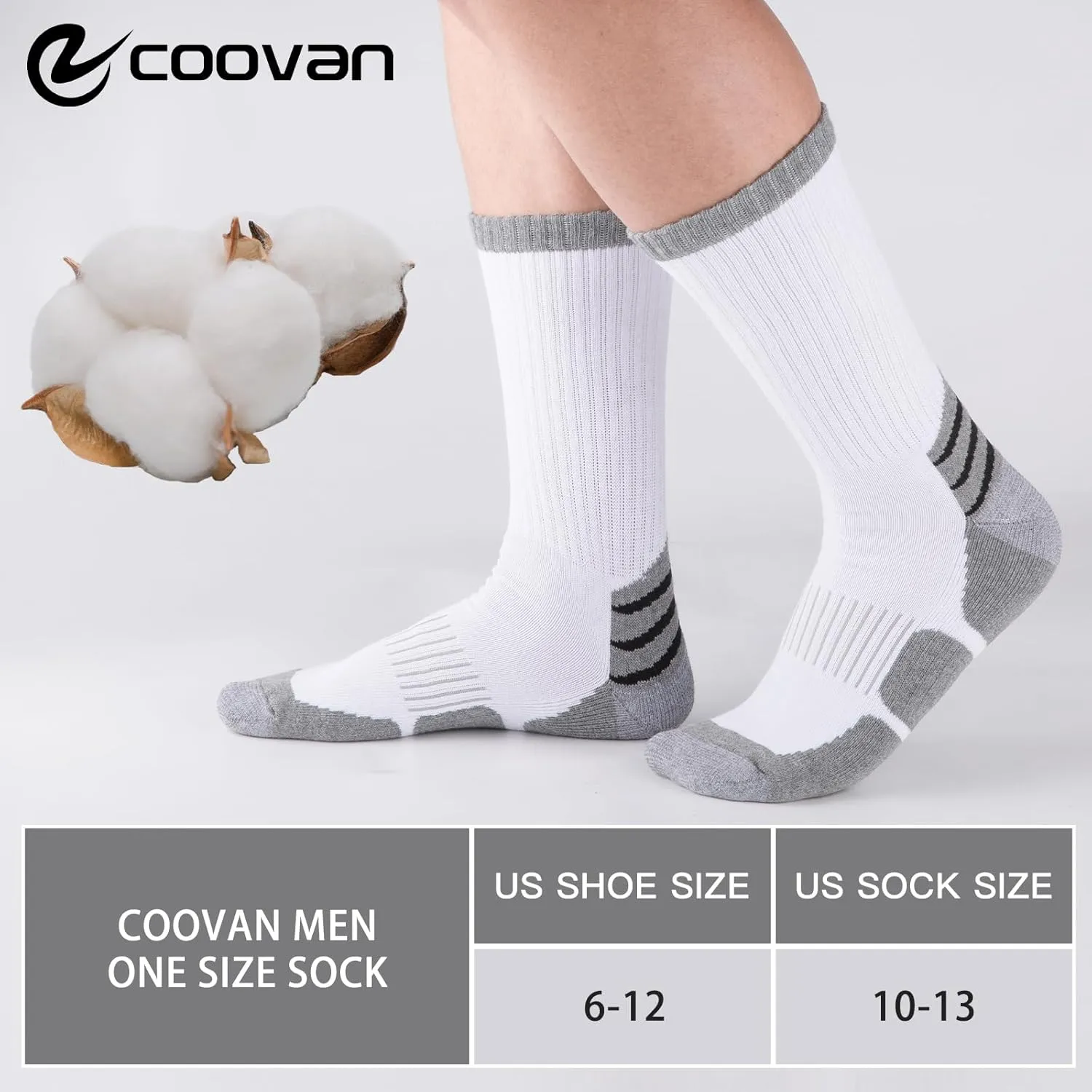 COOVAN Mens Cotton Crew Socks Moisture Wicking Cushioned Athletic Heavy Duty Work Boot Socks 6 Pairs