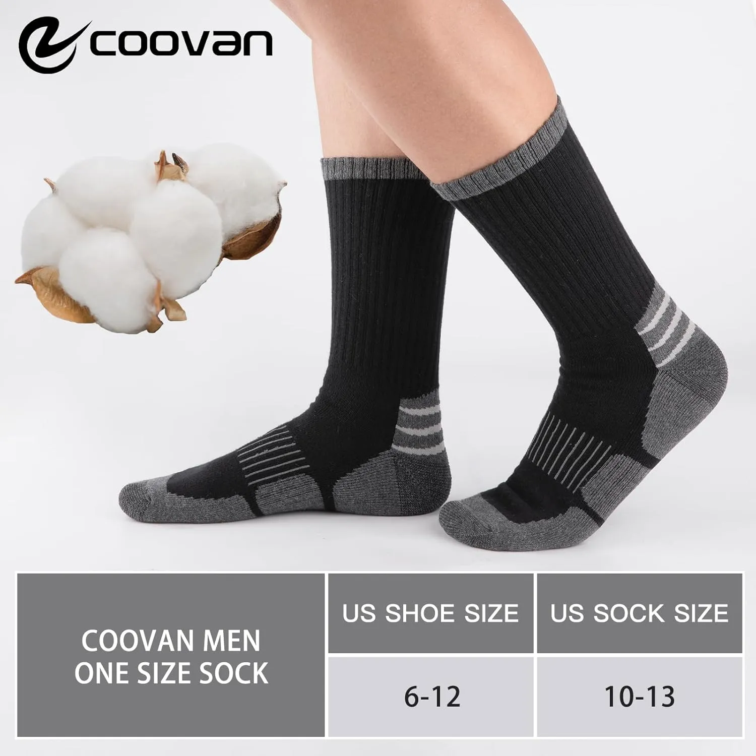 COOVAN Mens Cotton Crew Socks Moisture Wicking Cushioned Athletic Heavy Duty Work Boot Socks 6 Pairs