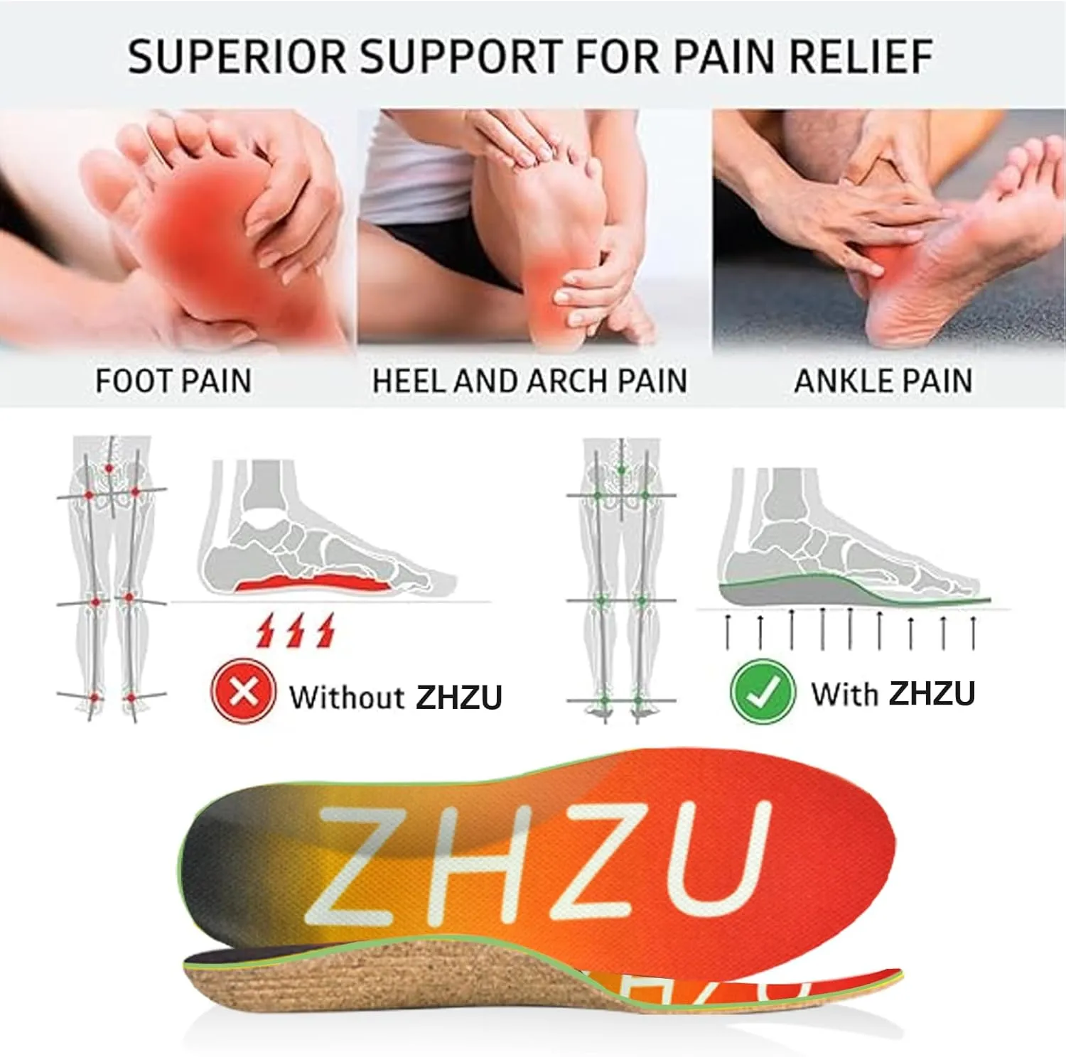 Cork Insoles Men/Women for Flat Feet（2 Pairs）, Arch Support Inserts for Plantar Fasciitis Relief Women Men ZHZU Running Shoe Pad for Standing All Day, Easy Trim & Anti-Crack S(EUR37-39)