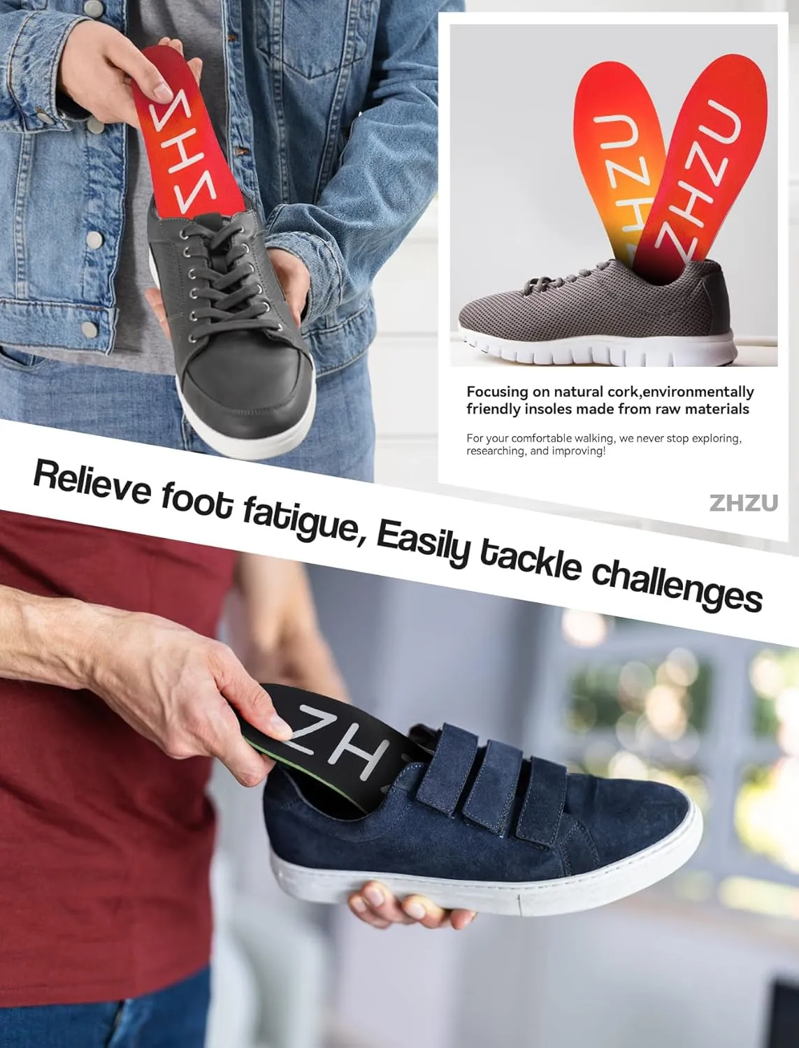 Cork Insoles Men/Women for Flat Feet（2 Pairs）, Arch Support Inserts for Plantar Fasciitis Relief Women Men ZHZU Running Shoe Pad for Standing All Day, Easy Trim & Anti-Crack S(EUR37-39)