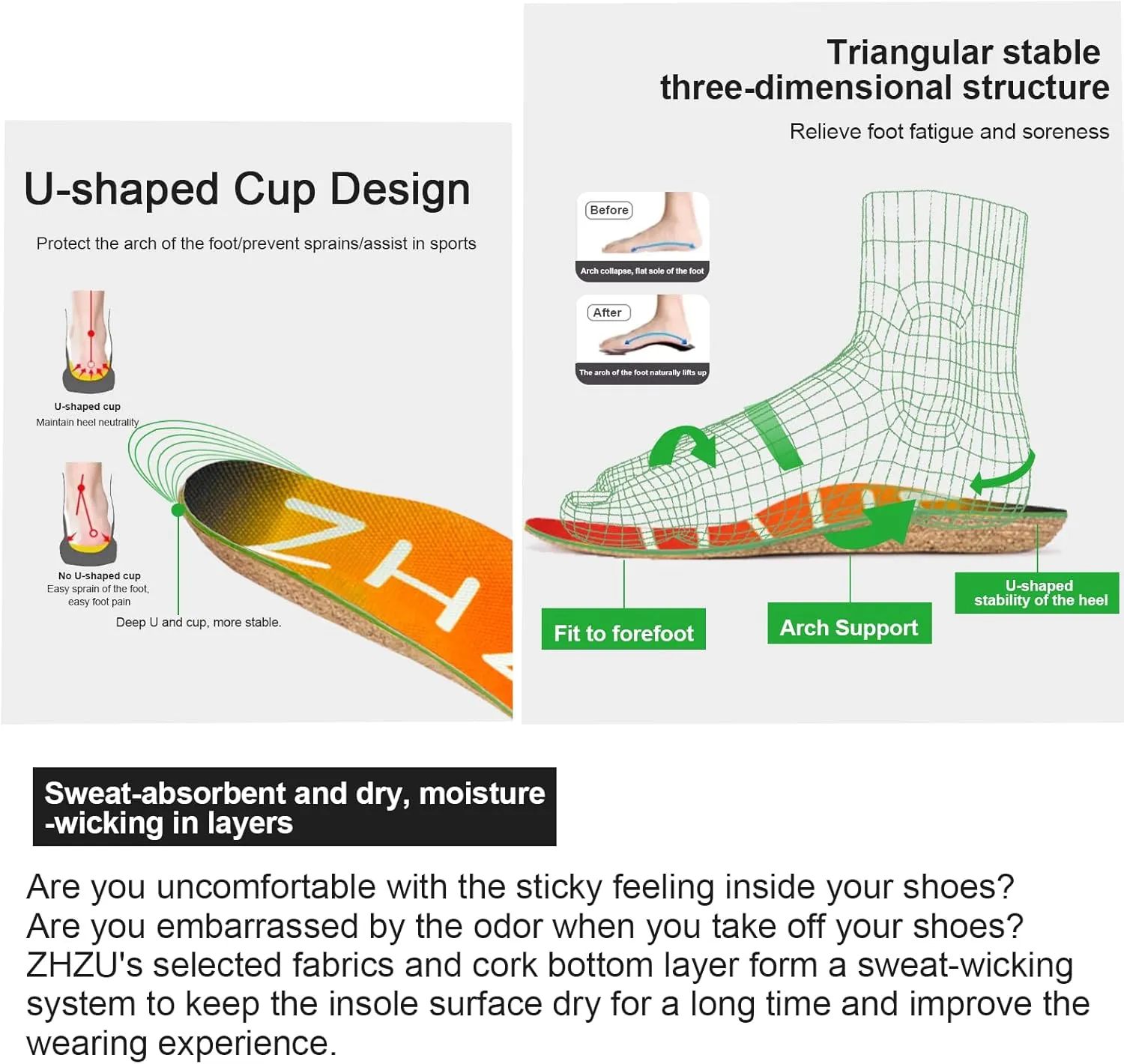 Cork Insoles Men/Women for Flat Feet（2 Pairs）, Arch Support Inserts for Plantar Fasciitis Relief Women Men ZHZU Running Shoe Pad for Standing All Day, Easy Trim & Anti-Crack S(EUR37-39)