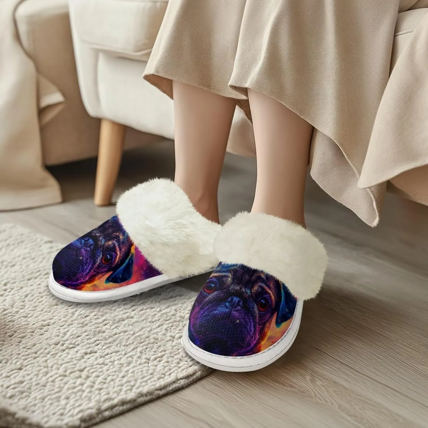 Cotton Shoes for Womens Lightweight Soft Flat Slippers House Slippers Easy On/Off Bedroom Shoes with Rubber Sole Faux Fur Lined Slide Sandals