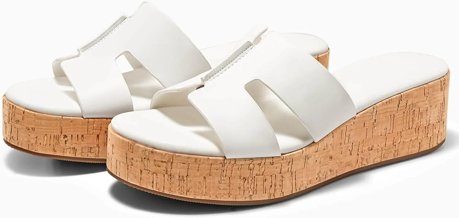Coutgo Women's Platform Wedge Sandals Open Toe Slip On Slides Cork Heeled Cutout Comfortable Summer Shoes