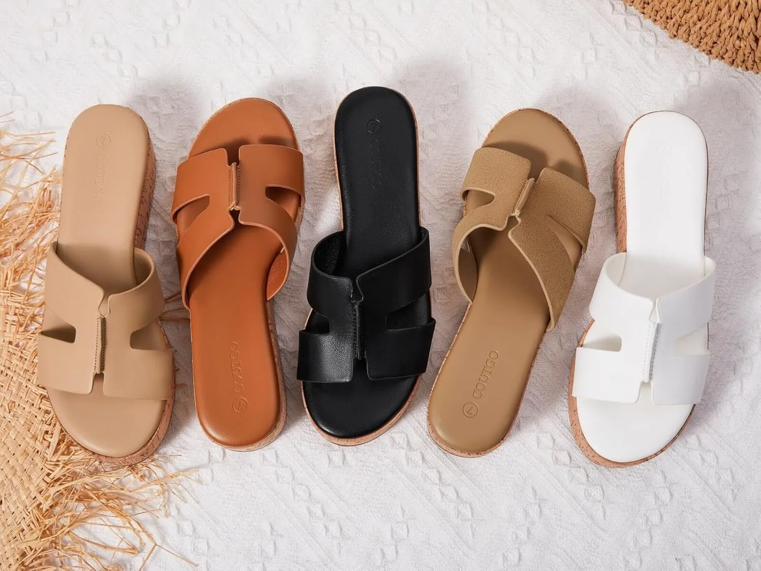 Coutgo Women's Platform Wedge Sandals Open Toe Slip On Slides Cork Heeled Cutout Comfortable Summer Shoes