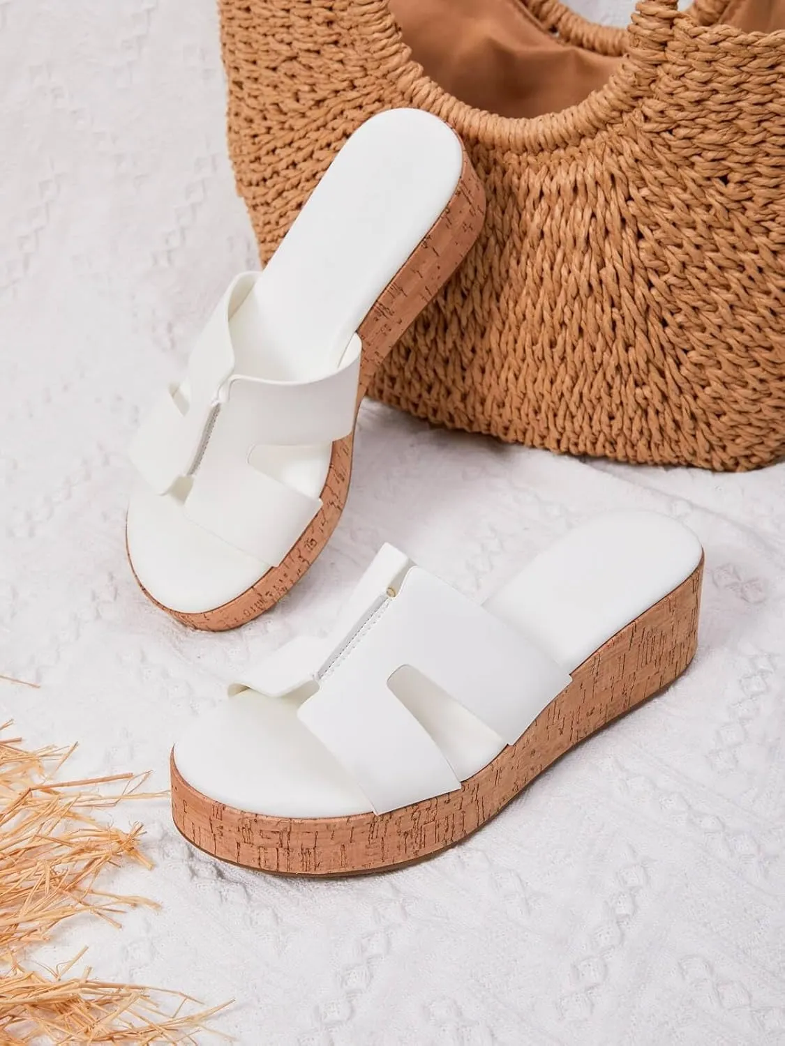 Coutgo Women's Platform Wedge Sandals Open Toe Slip On Slides Cork Heeled Cutout Comfortable Summer Shoes