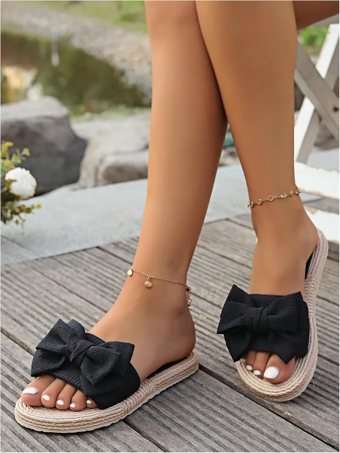 COZYEASE Women's Bow Knot Open Toe Flat Sandals Comfy Elegant Slip Ons Wedding Flats