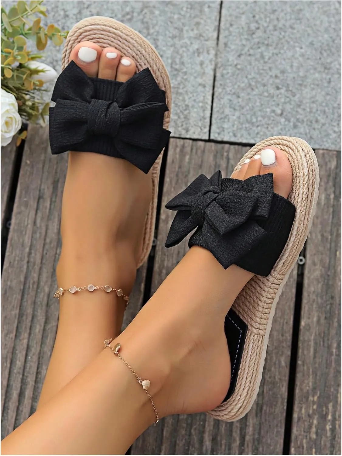 COZYEASE Women's Bow Knot Open Toe Flat Sandals Comfy Elegant Slip Ons Wedding Flats