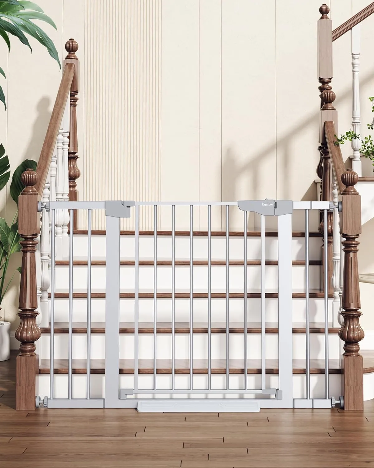 Cumbor 29.7-46" Baby Gate for Stairs, Mom's Choice Awards Winner - Auto Close Dog Gate for House, Easy Install Pressure Mounted for Doorways, Easy Walk Thru Wide Safety for Pets, Silver