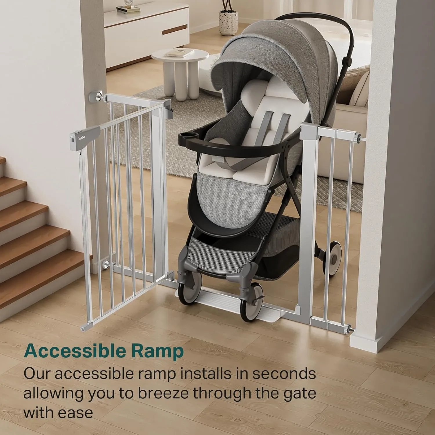 Cumbor 29.7-46" Baby Gate for Stairs, Mom's Choice Awards Winner - Auto Close Dog Gate for House, Easy Install Pressure Mounted for Doorways, Easy Walk Thru Wide Safety for Pets, Silver
