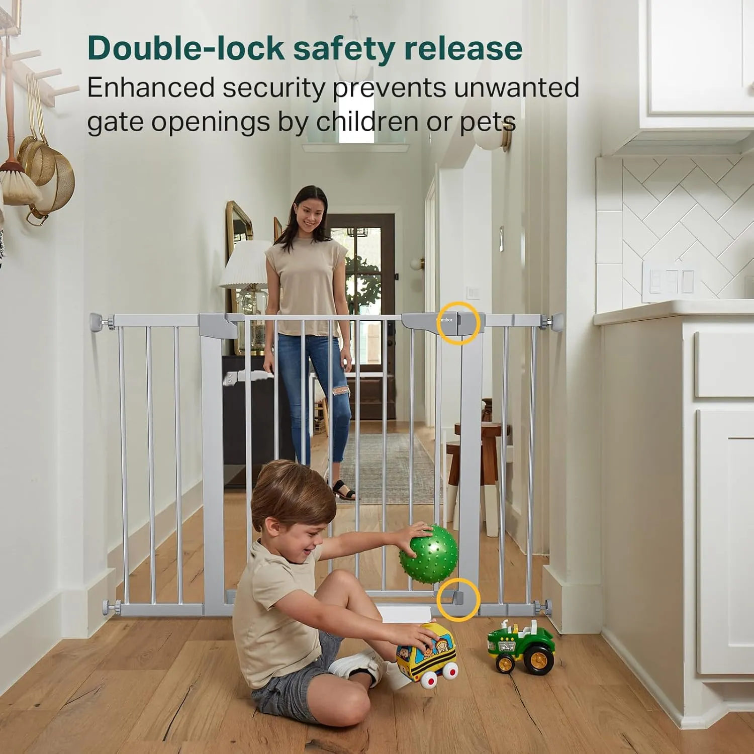 Cumbor 29.7-46" Baby Gate for Stairs, Mom's Choice Awards Winner - Auto Close Dog Gate for House, Easy Install Pressure Mounted for Doorways, Easy Walk Thru Wide Safety for Pets, Silver