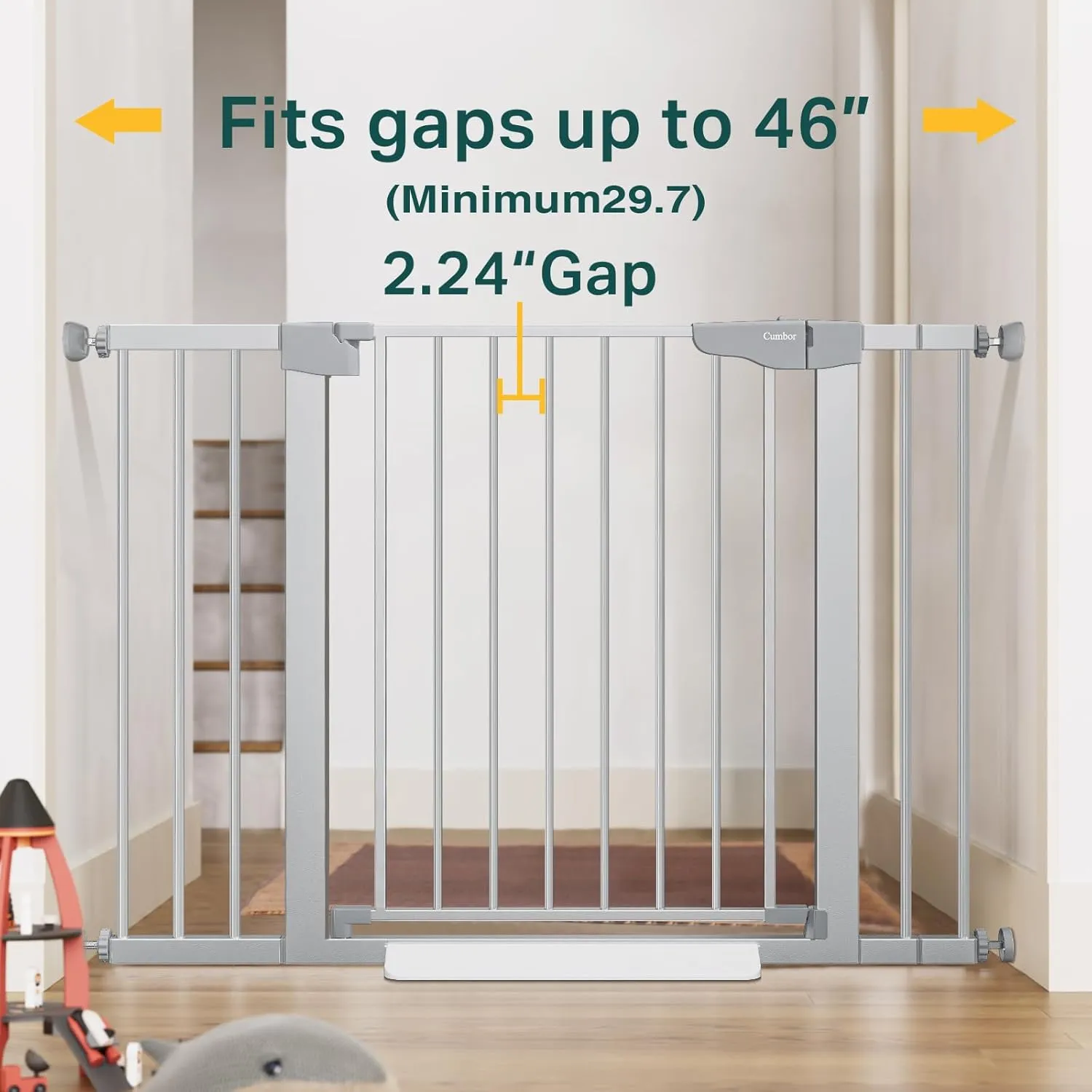 Cumbor 29.7-46" Baby Gate for Stairs, Mom's Choice Awards Winner - Auto Close Dog Gate for House, Easy Install Pressure Mounted for Doorways, Easy Walk Thru Wide Safety for Pets, Silver