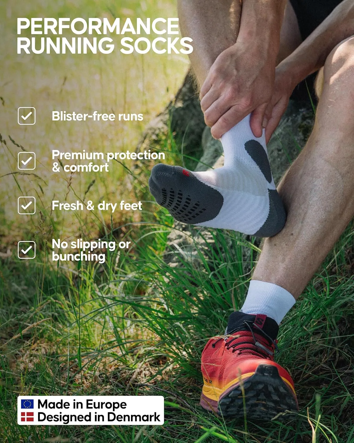 DANISH ENDURANCE Anti-Friction Running Socks, Grip Pads, Lightweight, Cushioned, Unisex, 2-Pack