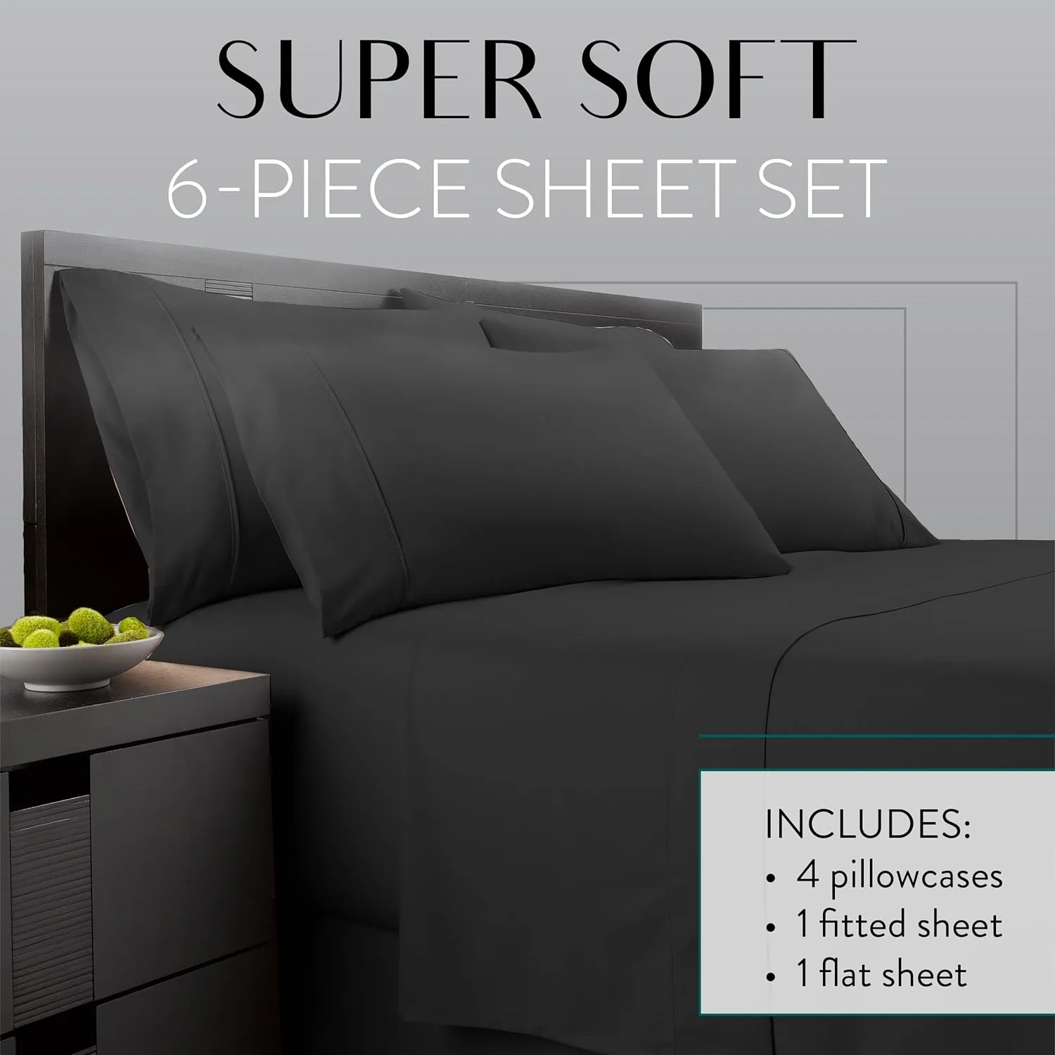 Danjor Linens Queen Sheet Set 6 Piece Hotel Quality Bed Sheet w/ 4 Pillowcases - Microfiber Sheet Sets with Deep Pockets, Breathable Cooling Wrinkle Free, Machine Washable for Queen Size Bed, Black