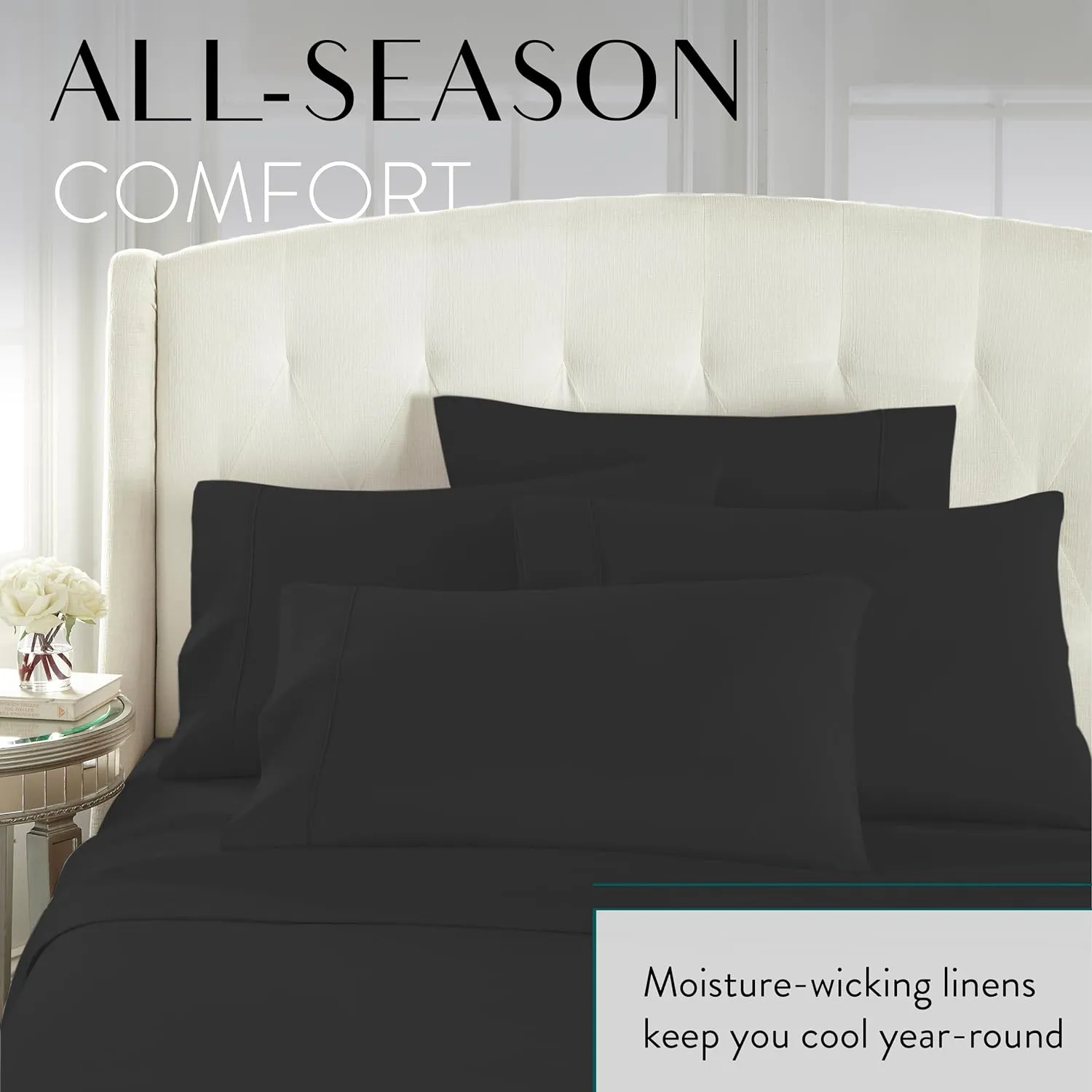 Danjor Linens Queen Sheet Set 6 Piece Hotel Quality Bed Sheet w/ 4 Pillowcases - Microfiber Sheet Sets with Deep Pockets, Breathable Cooling Wrinkle Free, Machine Washable for Queen Size Bed, Black