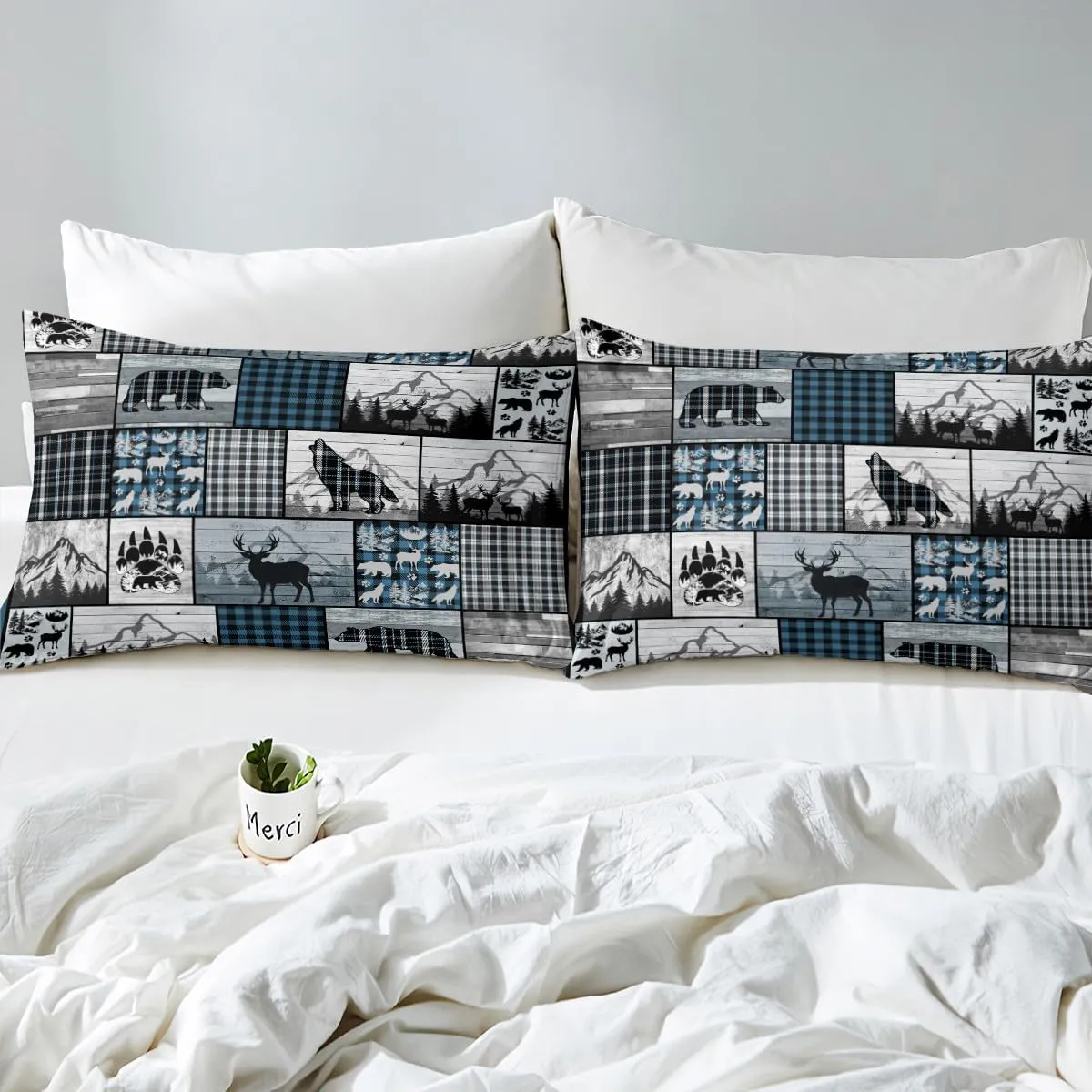 Deer Elk Bear Wolf Bedding Set Blue Plaid Rustic Cabin Fitted Sheet Farm Forest Camping Hunting Bed Sheet Set Geometric Checkered Bed Cover Room Decor Bed Set Twin Size
