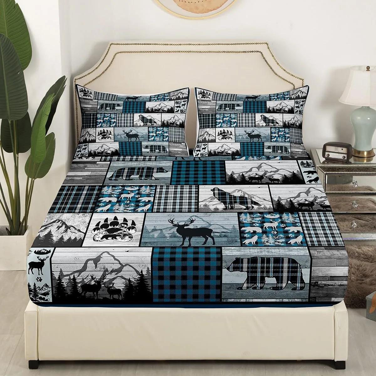 Deer Elk Bear Wolf Bedding Set Blue Plaid Rustic Cabin Fitted Sheet Farm Forest Camping Hunting Bed Sheet Set Geometric Checkered Bed Cover Room Decor Bed Set Twin Size