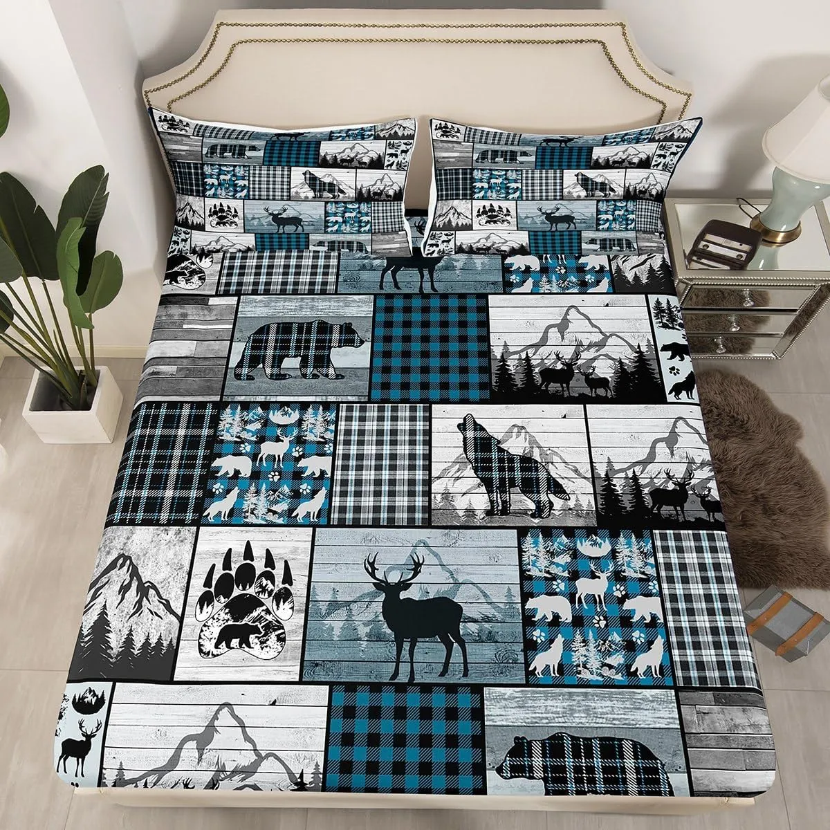 Deer Elk Bear Wolf Bedding Set Blue Plaid Rustic Cabin Fitted Sheet Farm Forest Camping Hunting Bed Sheet Set Geometric Checkered Bed Cover Room Decor Bed Set Twin Size